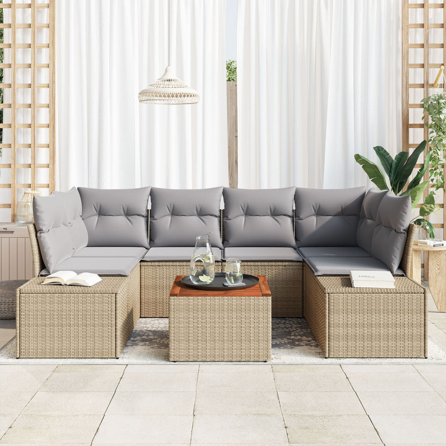 7 Delige Tuin Sofa Set Met Kussens Beige Poly Rattan Acacia