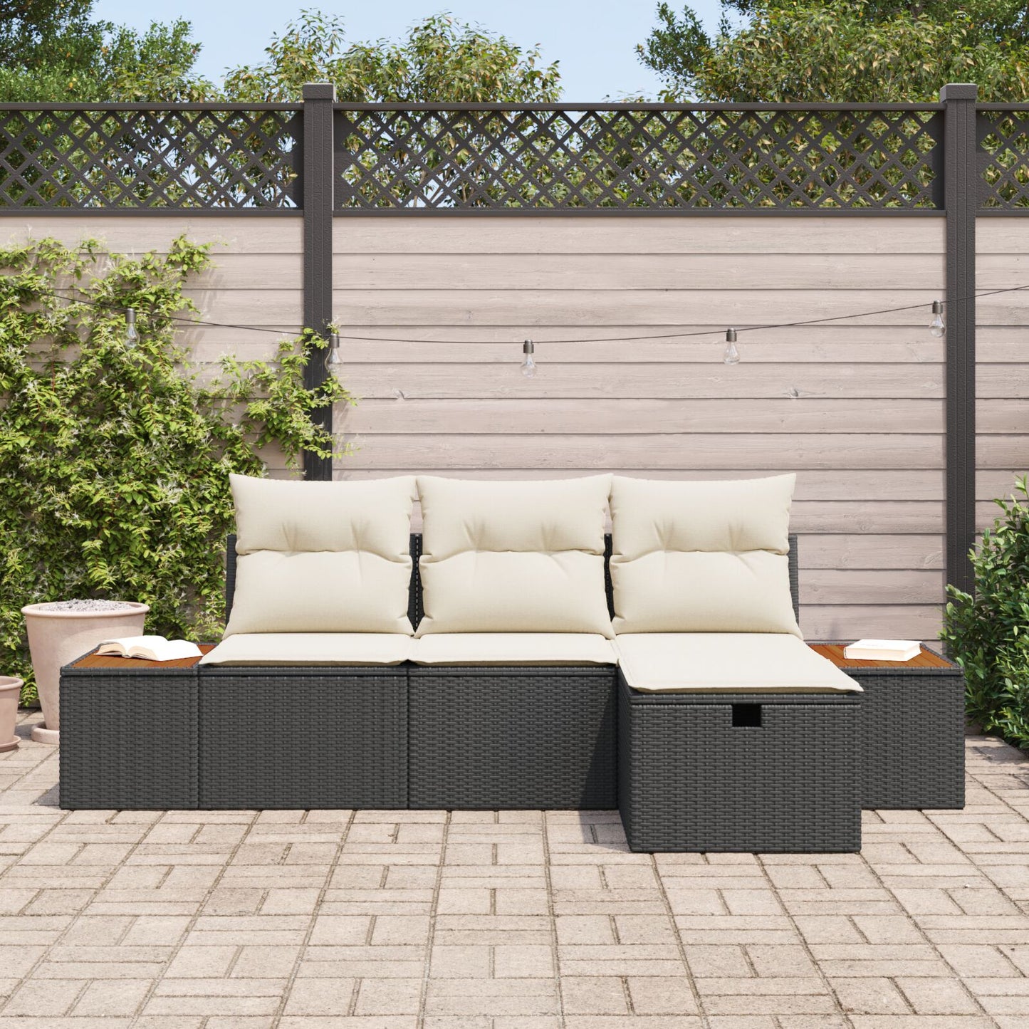 4-Delige Tuinbankset Met Kussens Zwart Poly Rattan