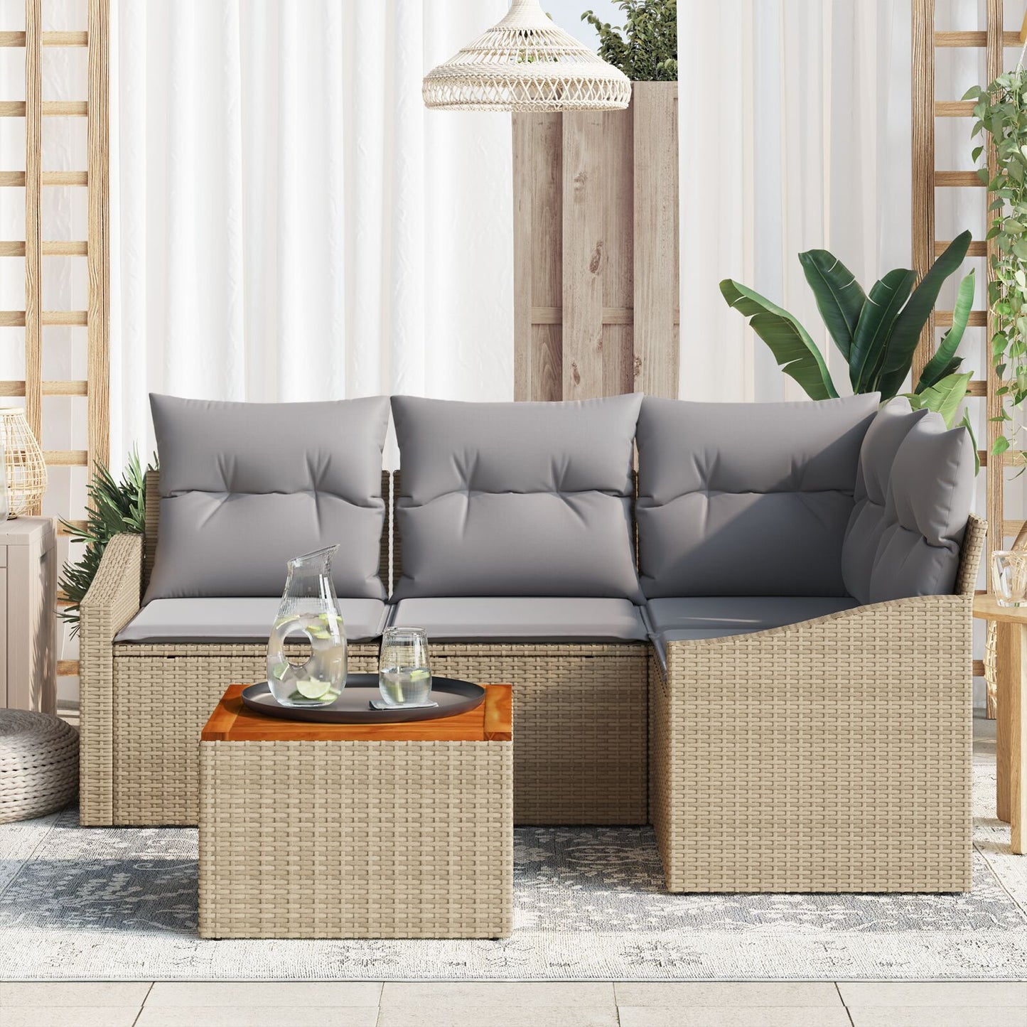 5-Delige Tuin Sofa Set Met Kussens Beige Poly Rattan Acacia