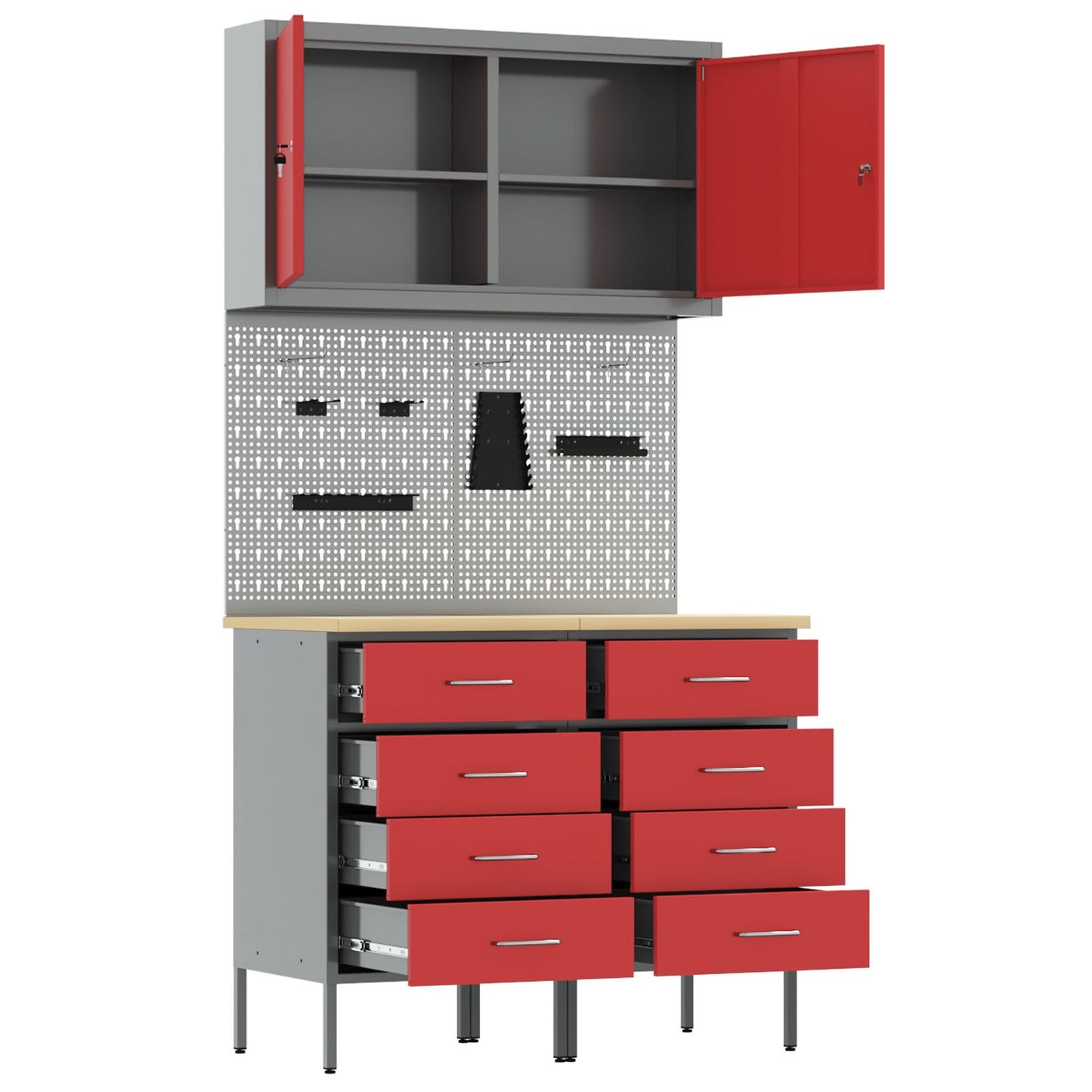 5-Delige Werkbank Set Staal 2x (85 cm) Rood 2x kast + 2x pegboard + gereedschap kast