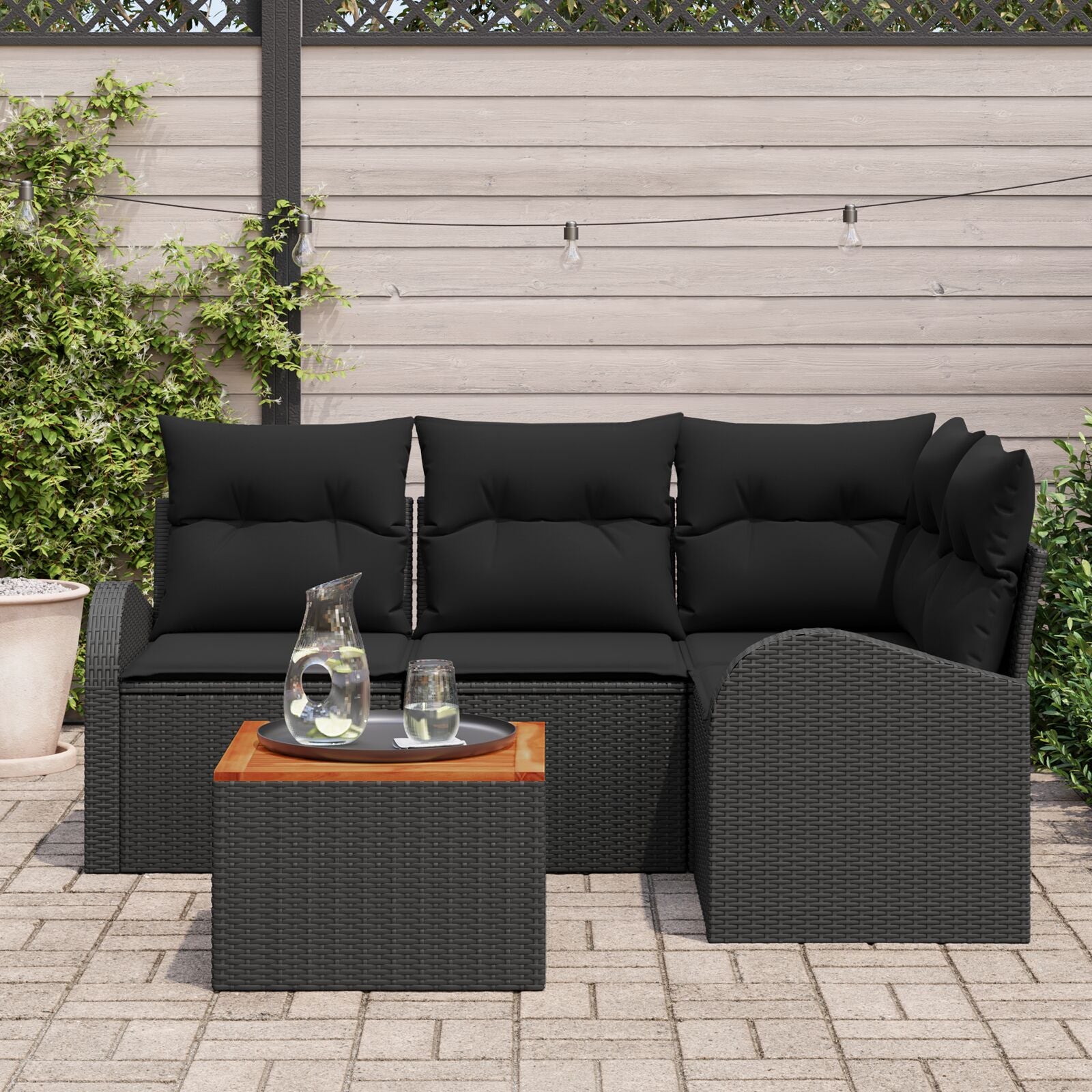 5-Delige Tuin Sofa Set Met Kussens Zwart Poly Rattan Acacia