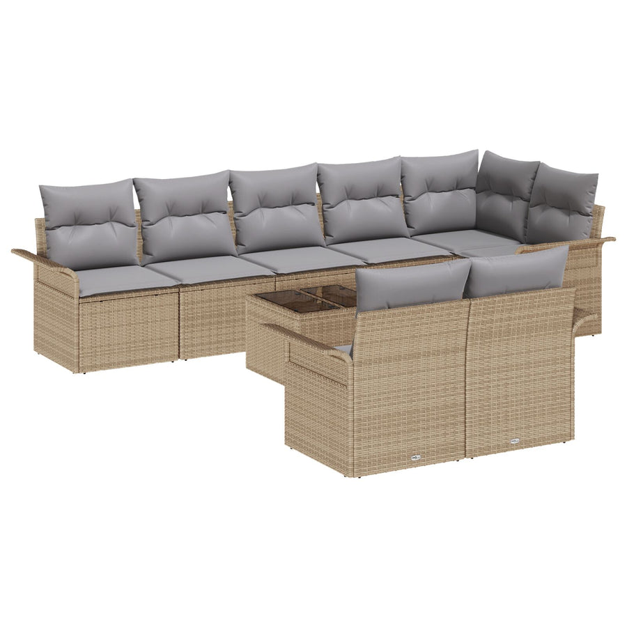 9-Delige Tuinbank Set Met Kussens Zwart Poly Rattan Beige en grijs met tafel