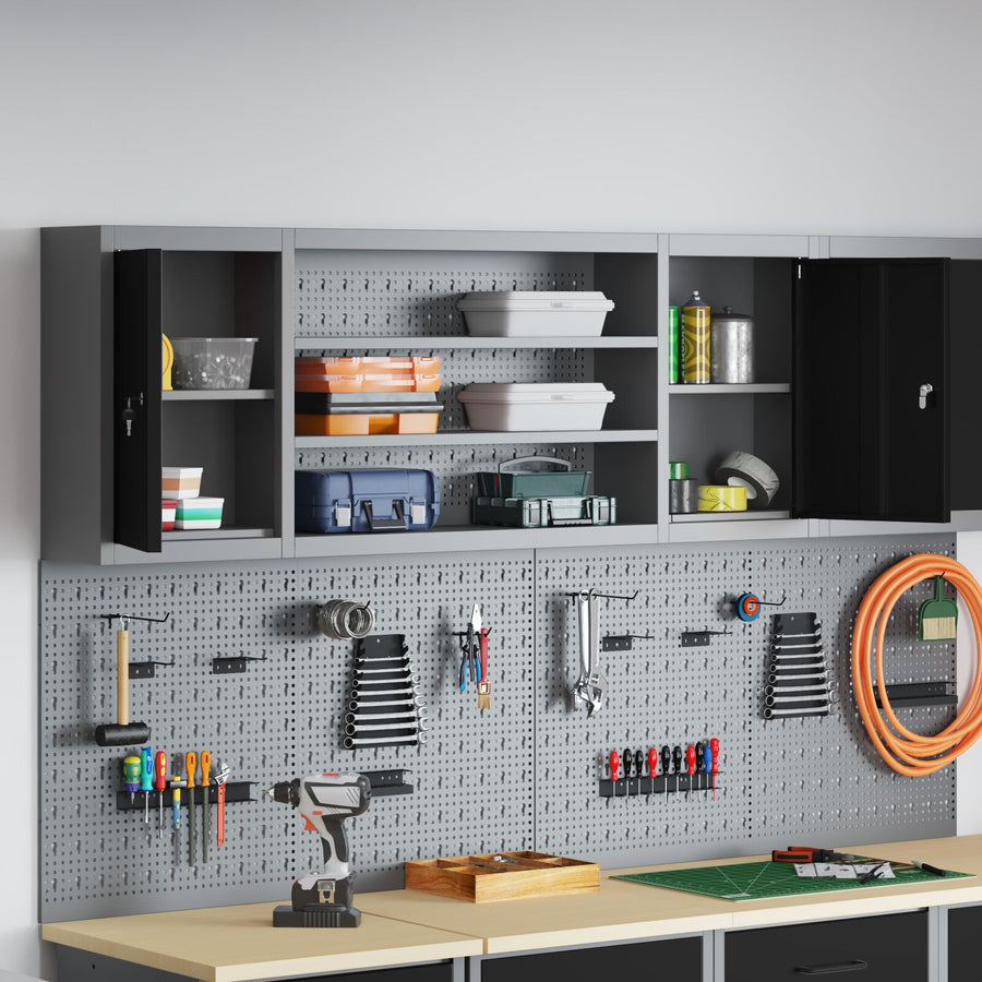 Gereedschapskast Wandmontage Met Pegboard 150X20X55 Cm Staal 150 cm Zwart en grijs Wandkast met pegboard