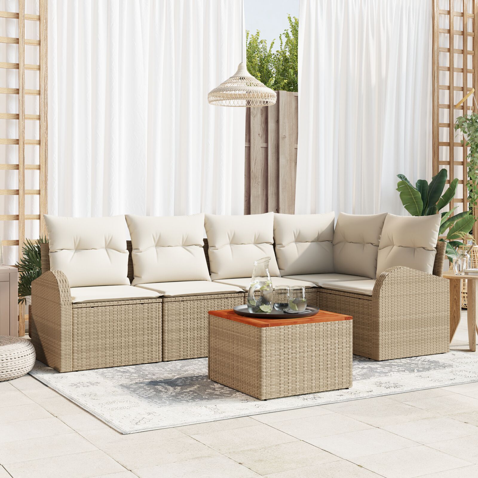 6-Delige Tuinbankset Met Kussens Beige Poly Rattan Acacia