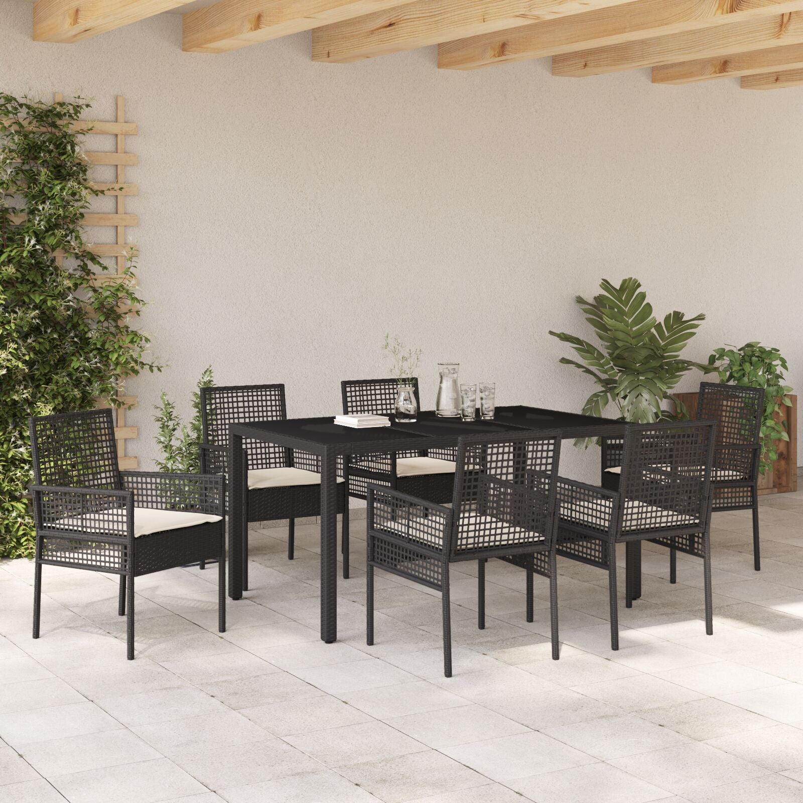 7-Delige Tuintafelset Met Kussens Zwart Poly Rattan