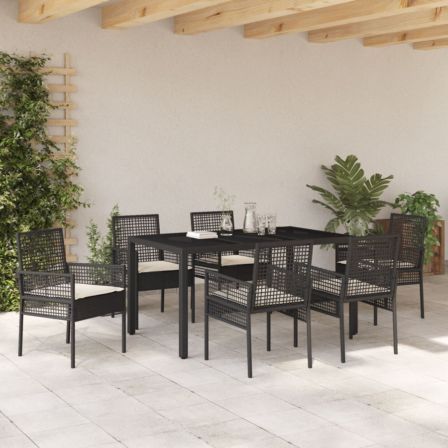 7-Delige Tuintafelset Met Kussens Zwart Poly Rattan