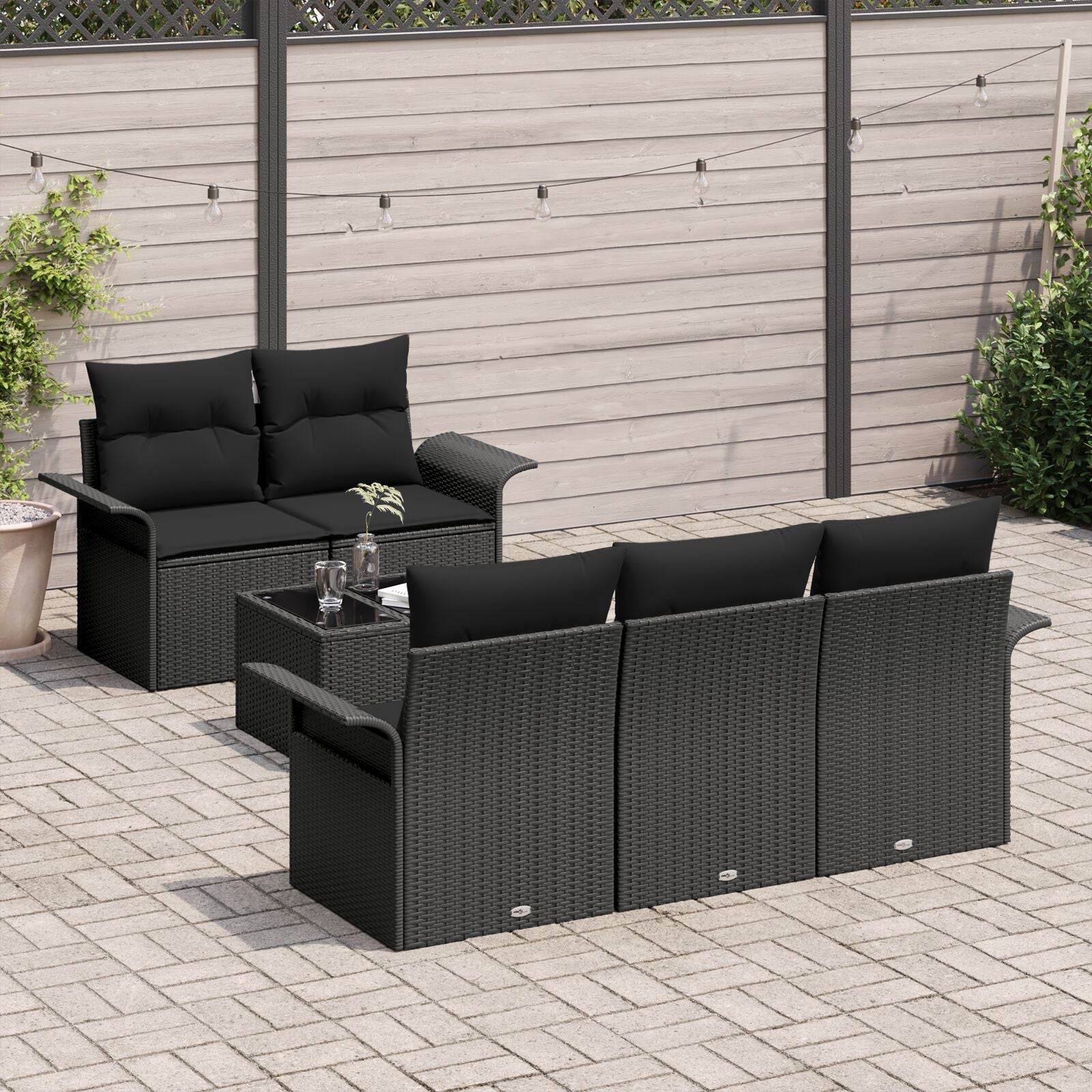 6-Delige Tuin Sofaset Met Kussens Zwart Poly Rattan