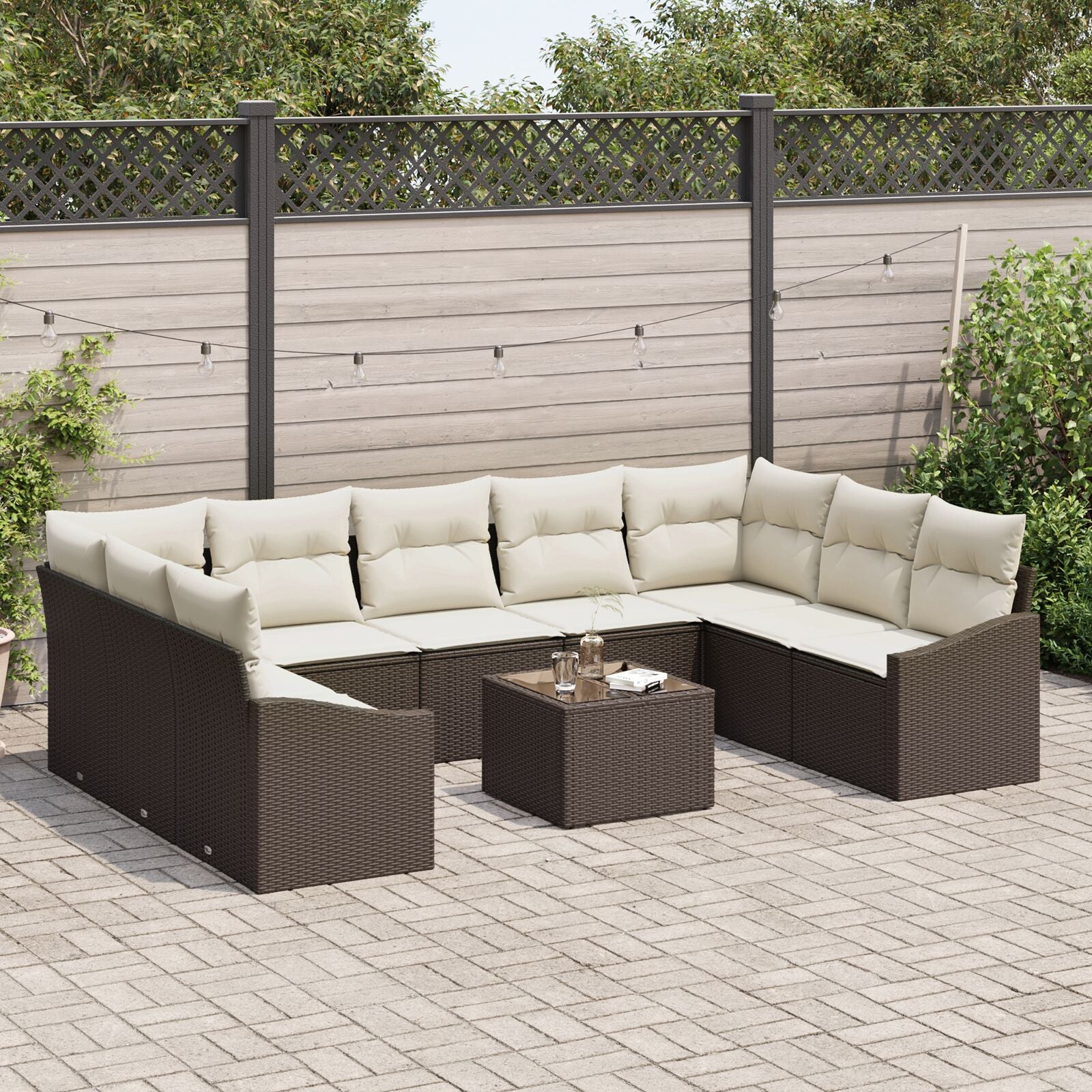 9-Delige Tuinbankset Met Kussens Grijs Poly Rattan Bruin en crème met tafel