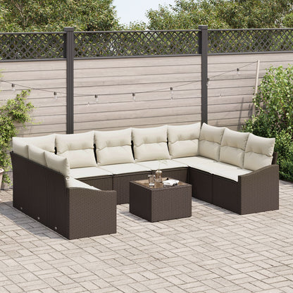 9-Delige Tuinbankset Met Kussens Grijs Poly Rattan Bruin en crème met tafel
