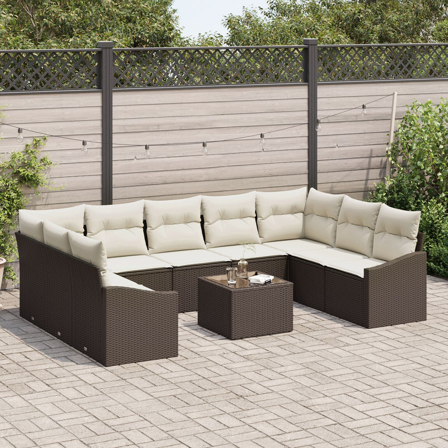 9-Delige Tuinbankset Met Kussens Grijs Poly Rattan Bruin en crème met tafel