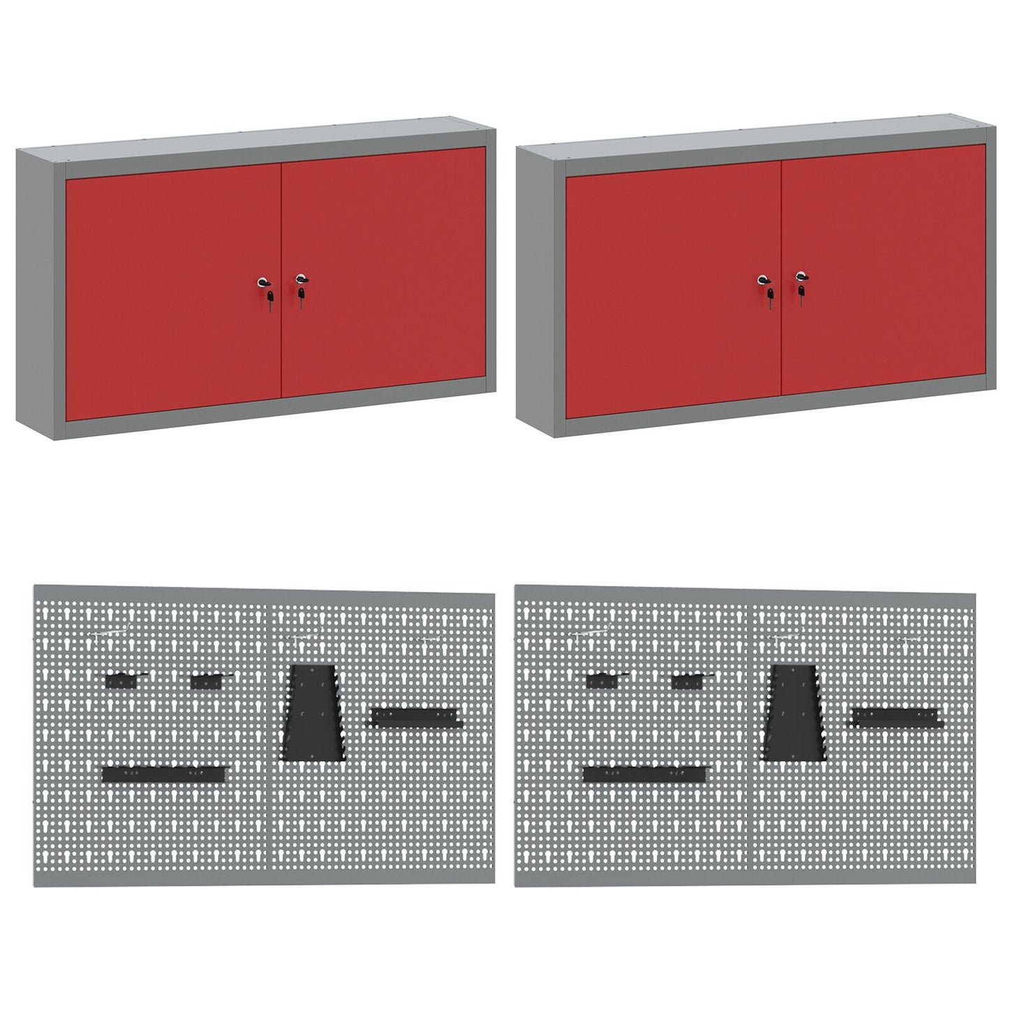 10-Delige Werkcabinet En Pegboard Set Mdf En Metaal 4x (2x84/2x85 cm) Rood 4x kast + 4x gereedschapspaneel + 2x gereedschap kast