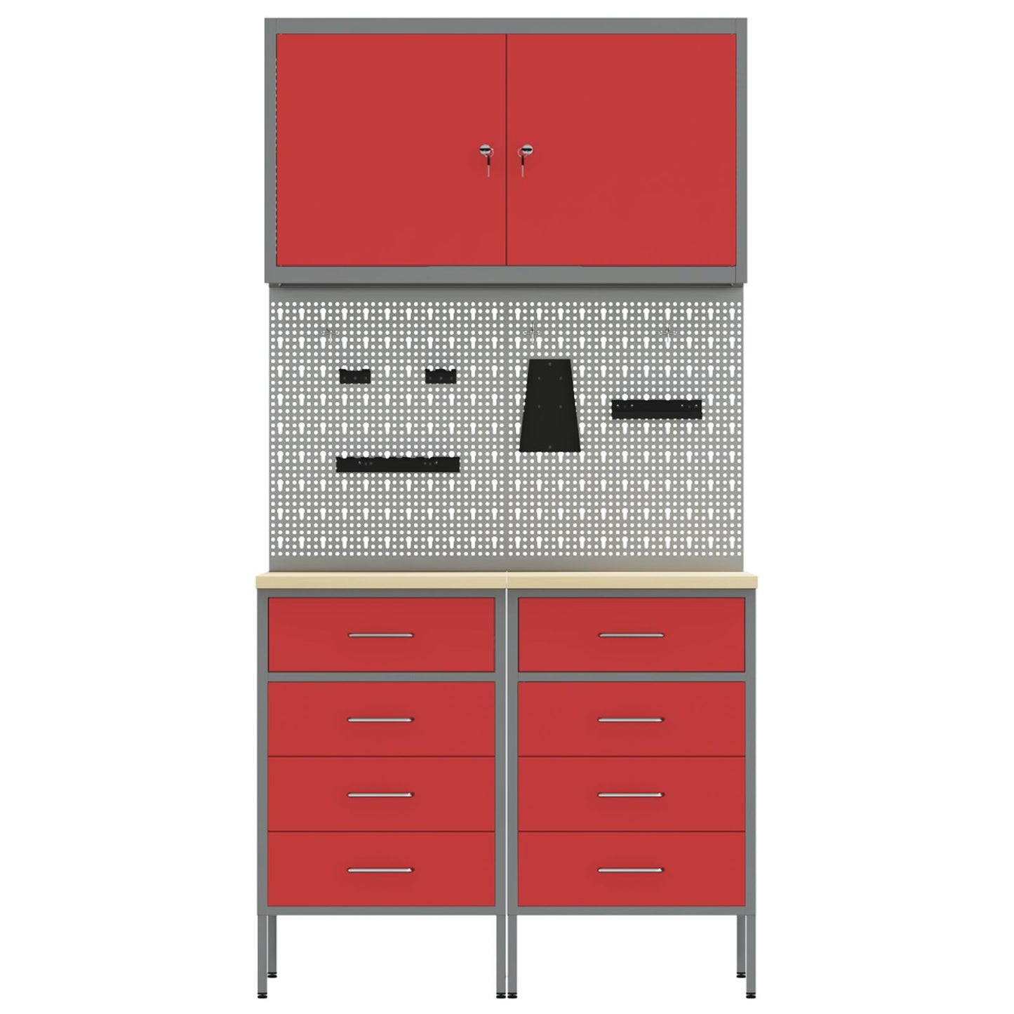 5-Delige Werkbank Set Staal 2x (85 cm) Rood 2x kast + 2x pegboard + gereedschap kast