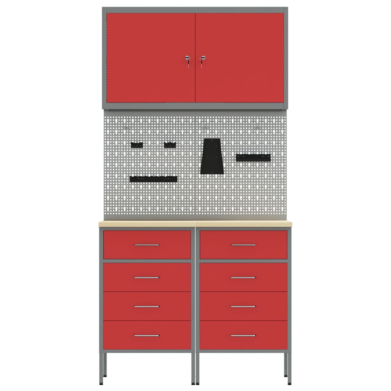 5-Delige Werkbank Set Staal 2x (85 cm) Rood 2x kast + 2x pegboard + gereedschap kast