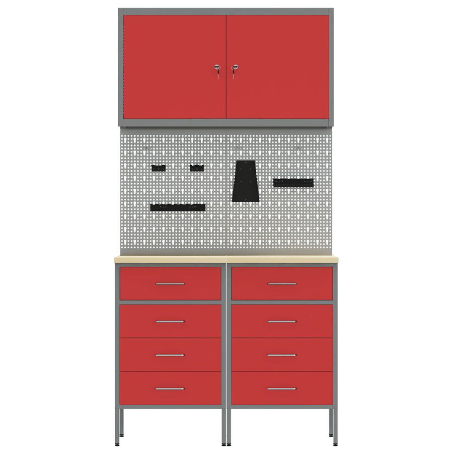 5-Delige Werkbank Set Staal 2x (85 cm) Rood 2x kast + 2x pegboard + gereedschap kast