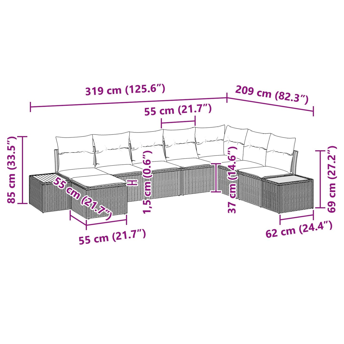8-Delige Tuinbank Set Met Kussens Grijs Poly Rattan Acacia