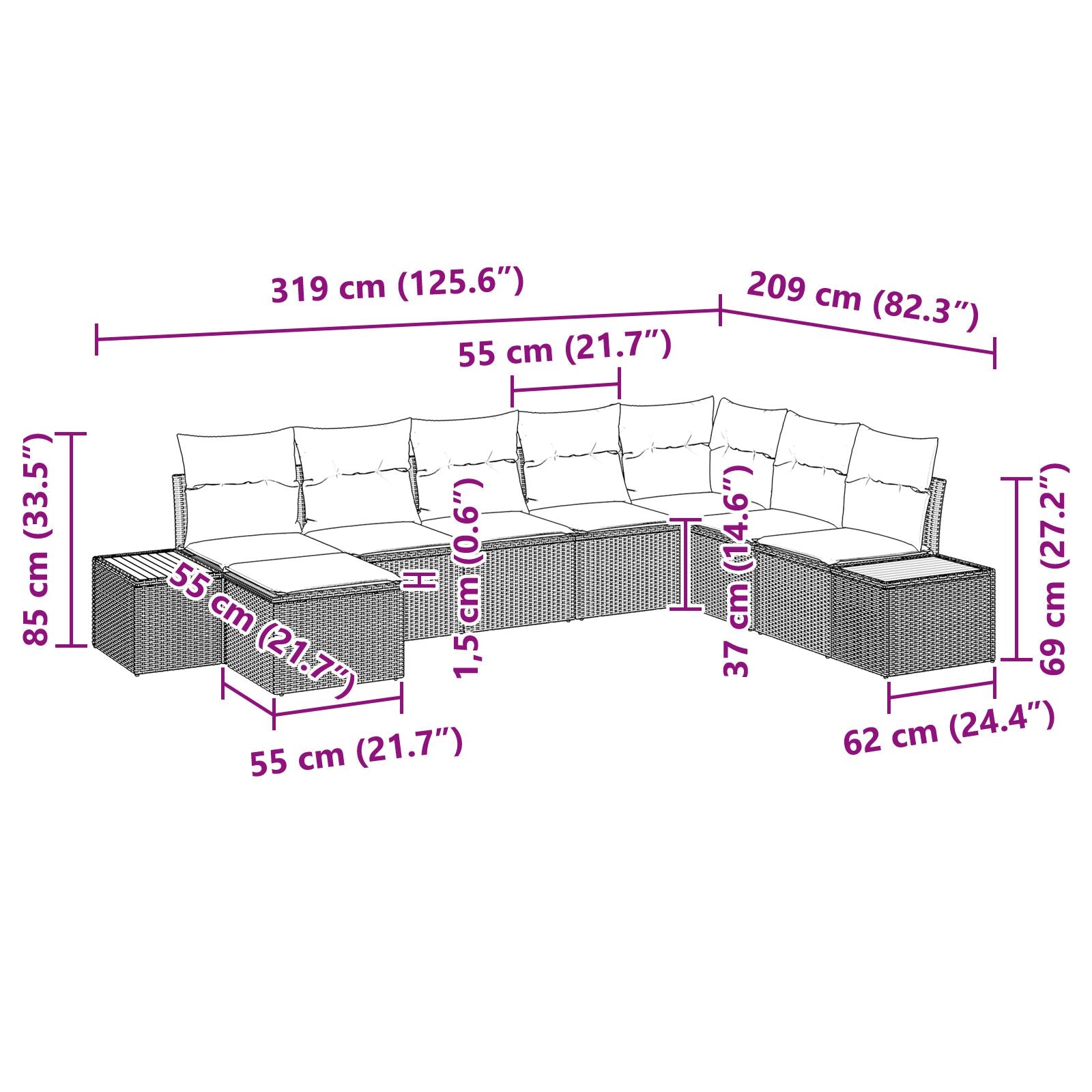 8-Delige Tuinbank Set Met Kussens Grijs Poly Rattan Acacia