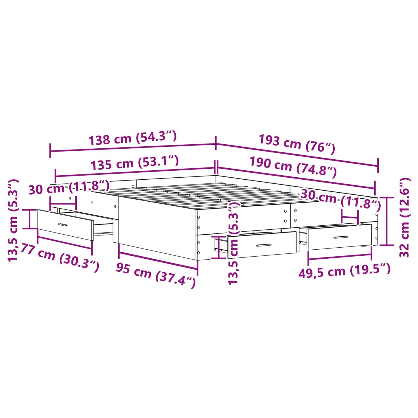 Bedframe Met Lades Artisan Eiken 135X190 Cm Engineered Hout Ambachtelijk Eiken