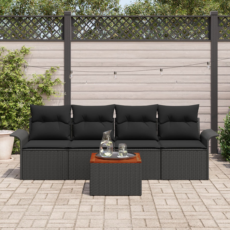 5-Delige Tuinbankenset Met Kussens Zwart Poly Rattan Acacia