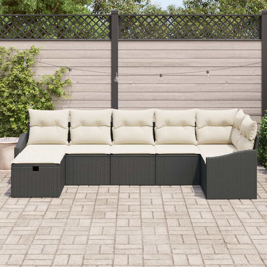7-Delige Tuinbankset Met Kussens Zwarte Poly Rattan Wit