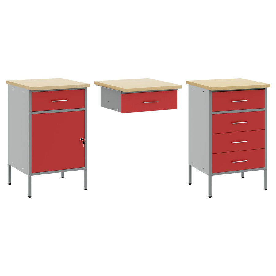 3-Delige Werkcabinet En Tafel Set Geïndustrialiseerd Hout En Staal 3x (84/85/20 cm) Rood 3x kabinet