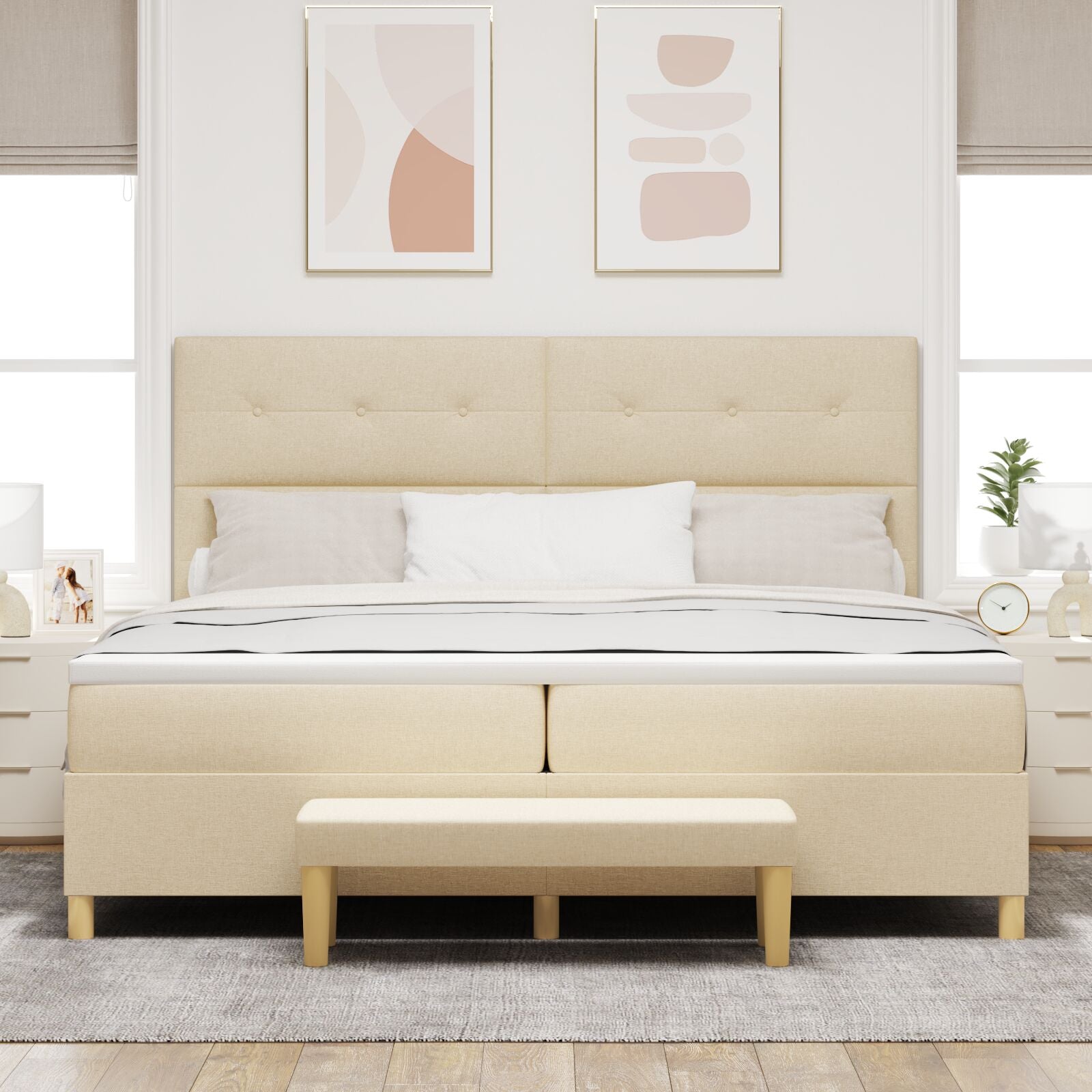 Boxspringbed Met Matras & Bank Stof Crème 200 x 200 cm Knop tufted