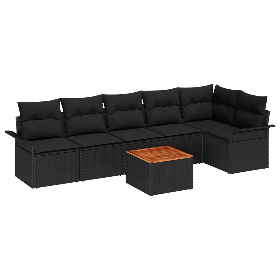 7-Delige Tuinbankset Met Kussens Zwart Poly Rattan Acacia