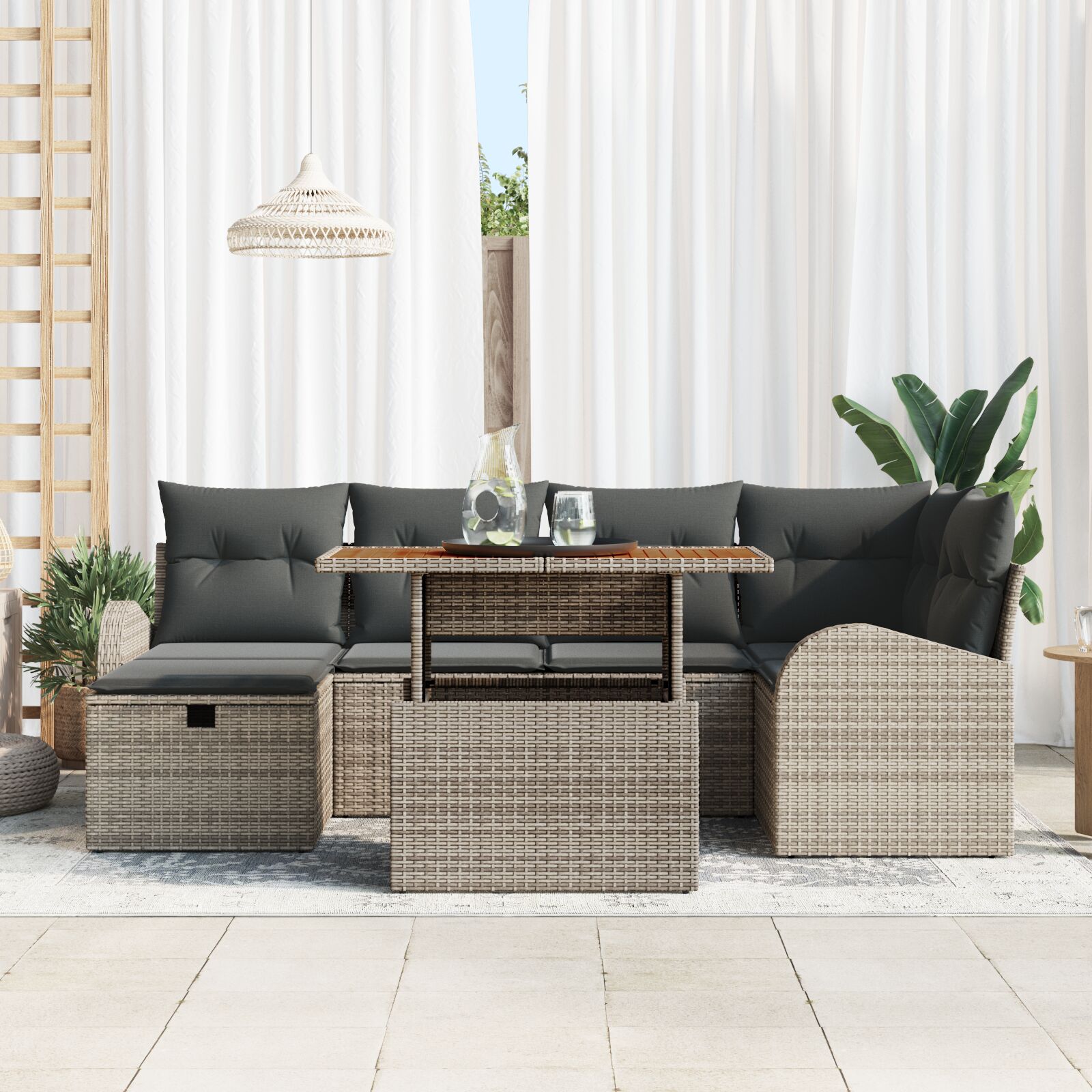 Tuinbank Set Set Van 7 Grijs Riet, Polyester Tuinbank Set