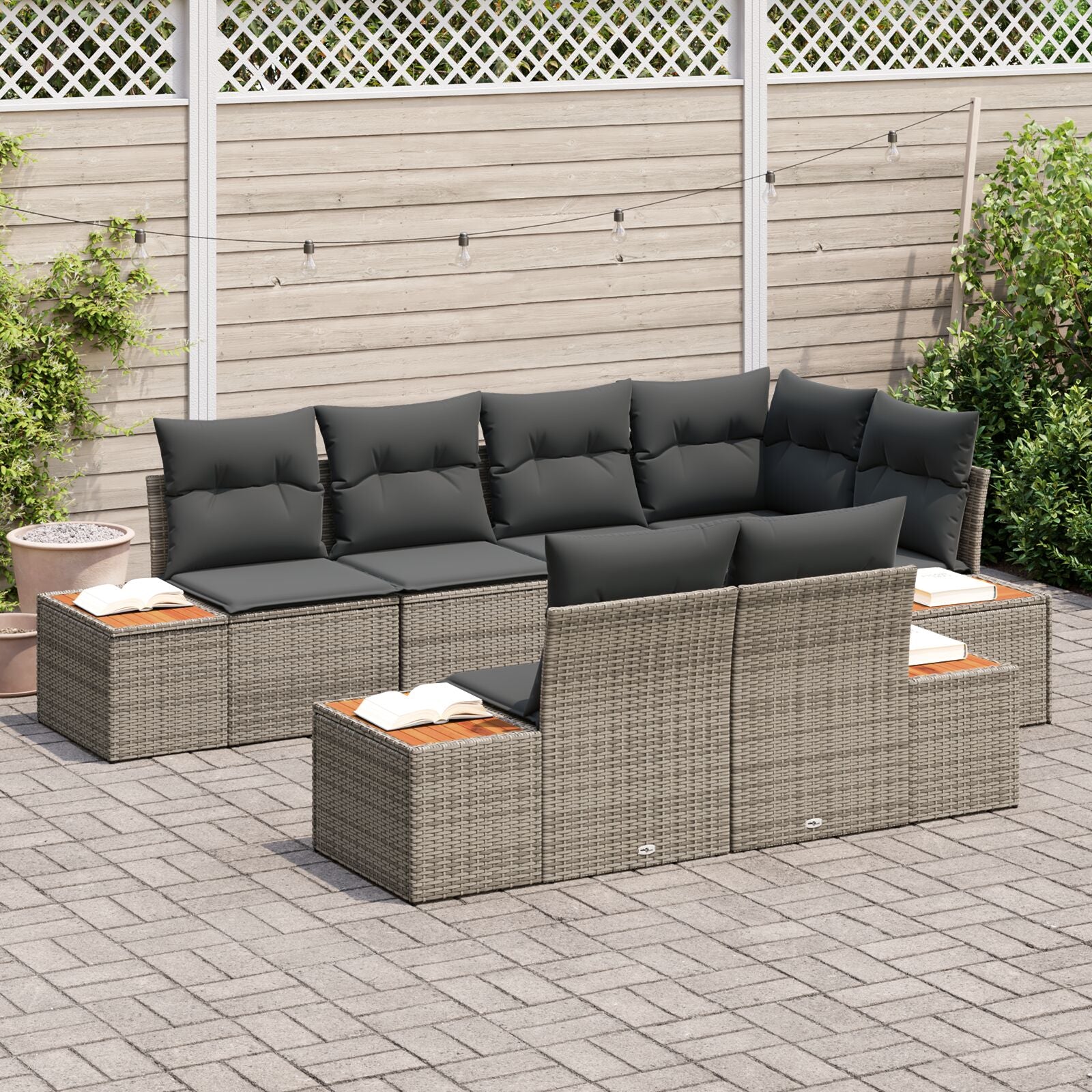 7-Delige Tuin Sofa Set Met Kussens Grijs Poly Rattan Acacia