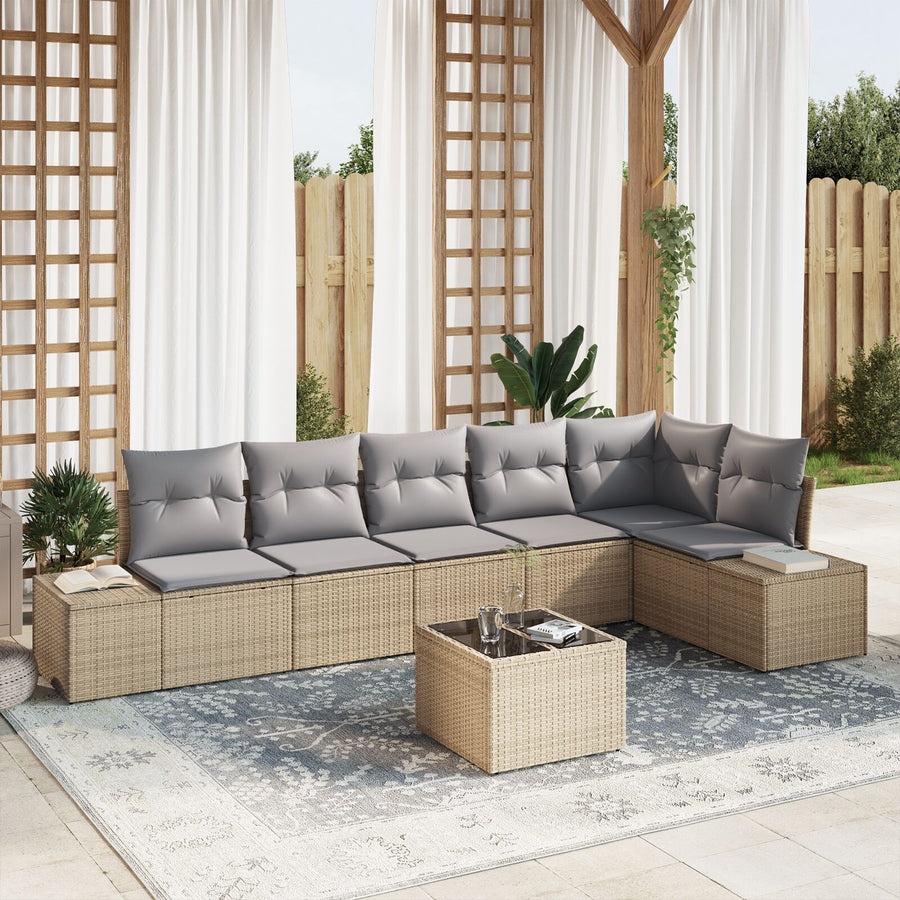 7 Delige Tuin Sofa Set Met Kussens Zwart Poly Rattan Beige en grijs met tafel