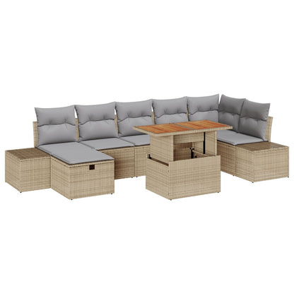 8 Delige Tuin Eetset Met Kussens Beige Poly Riet Acacia Wit