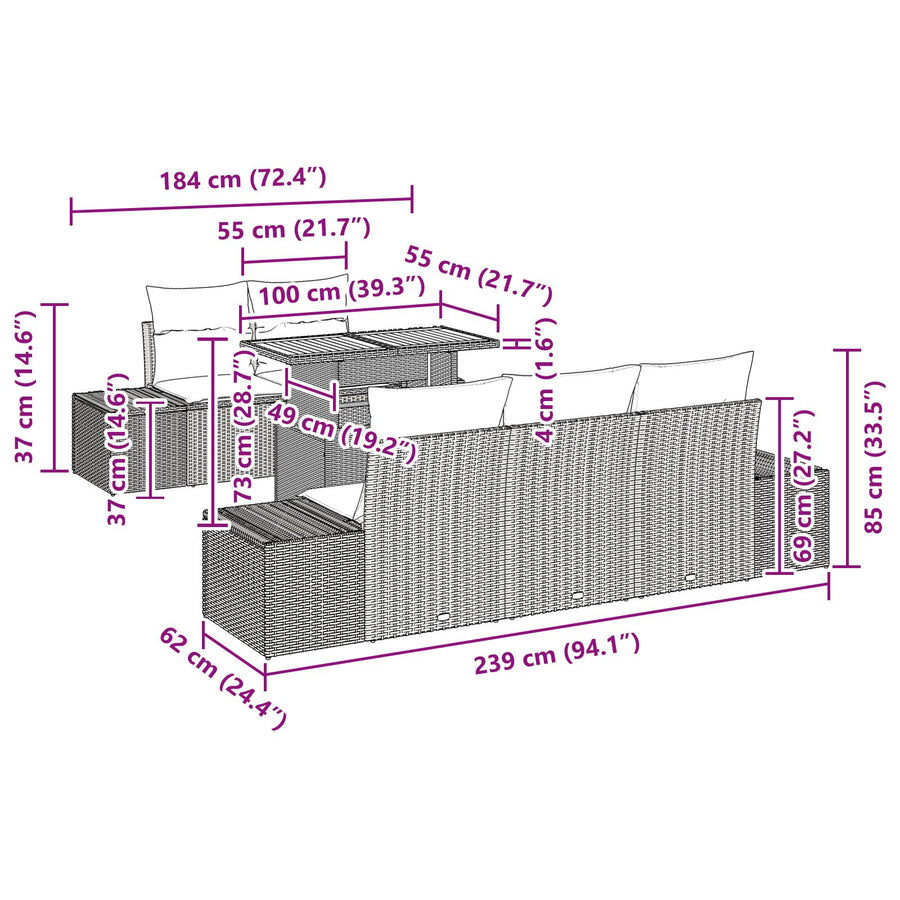 6-Delige Tuintafelset Met Kussens Zwart Poly Rattan Acacia