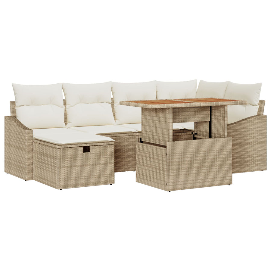 7-Delige Tuinsofa-Set Met Kussens Beige Poly Rattan Wit