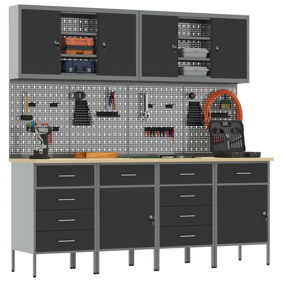 10-Delige Werkcabinet En Pegboard Set Mdf En Metaal 4x (2x84/2x85 cm) Zwart 6x kast + 6x pegboard