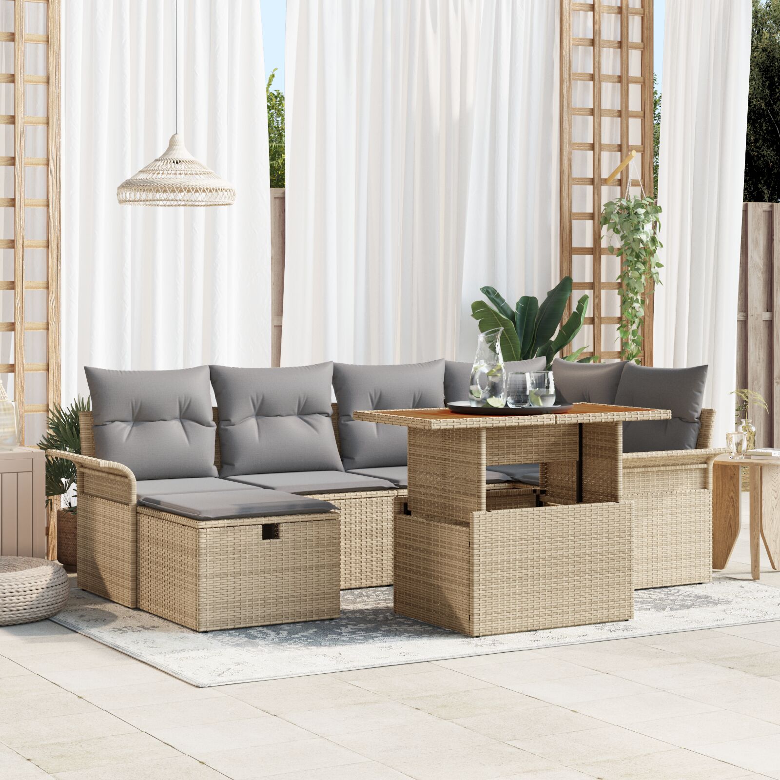 7-Delige Tuin Sofa Set Met Kussens Beige Poly Rattan