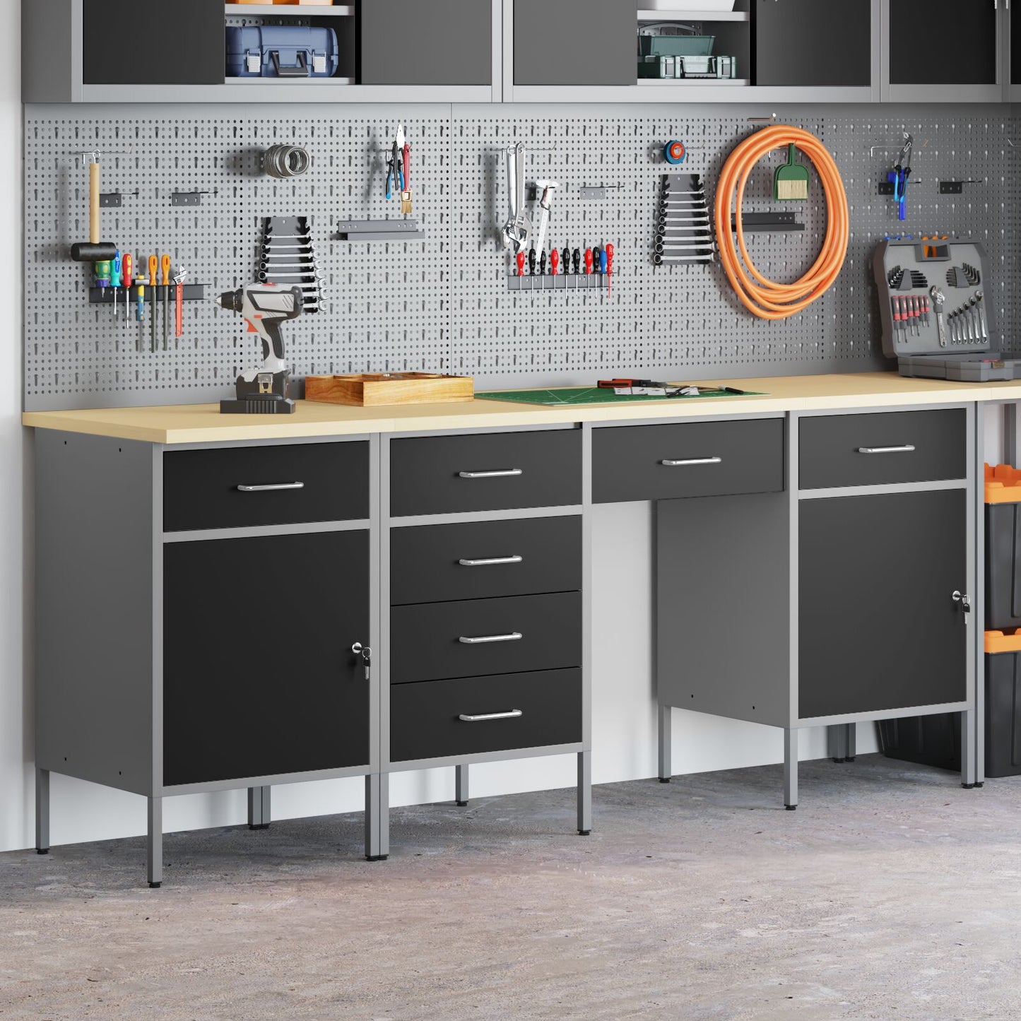 4-Delige Werk Kast En Tafel Set Zwart Gelaagd Hout En Staal