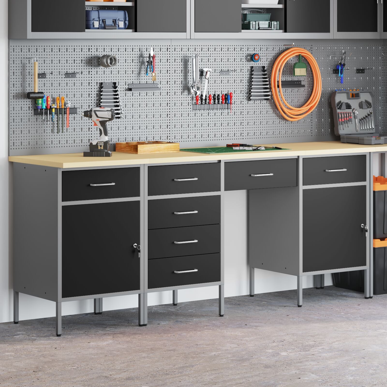4-Delige Werk Kast En Tafel Set Zwart Gelaagd Hout En Staal