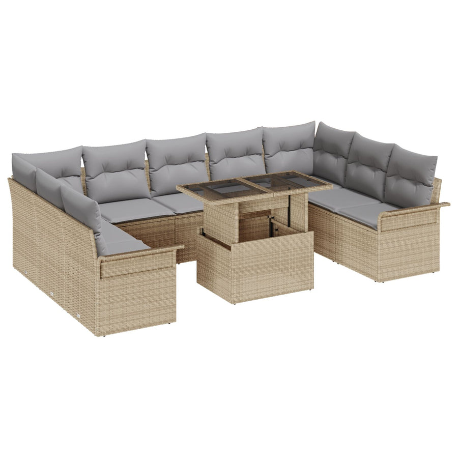 10-Delige Tuinbankset Met Kussens Beige Poly Rattan
