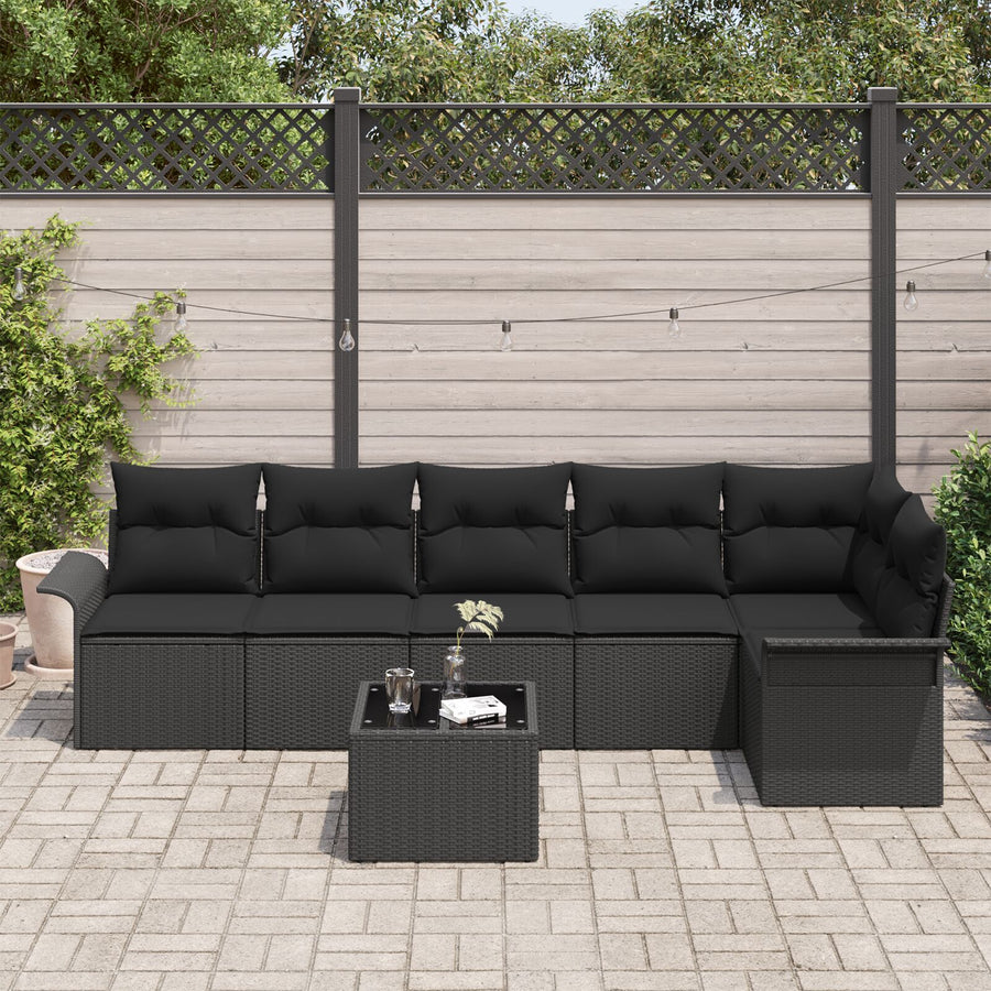 7-Delige Tuinbank Set Met Kussens Beige Poly Rattan Zwart met tafel