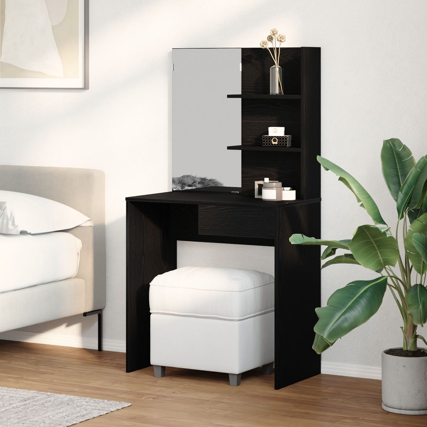 Zwart Eiken Hektafel Met Spiegel - 74,5 X 40 X 141 Cm