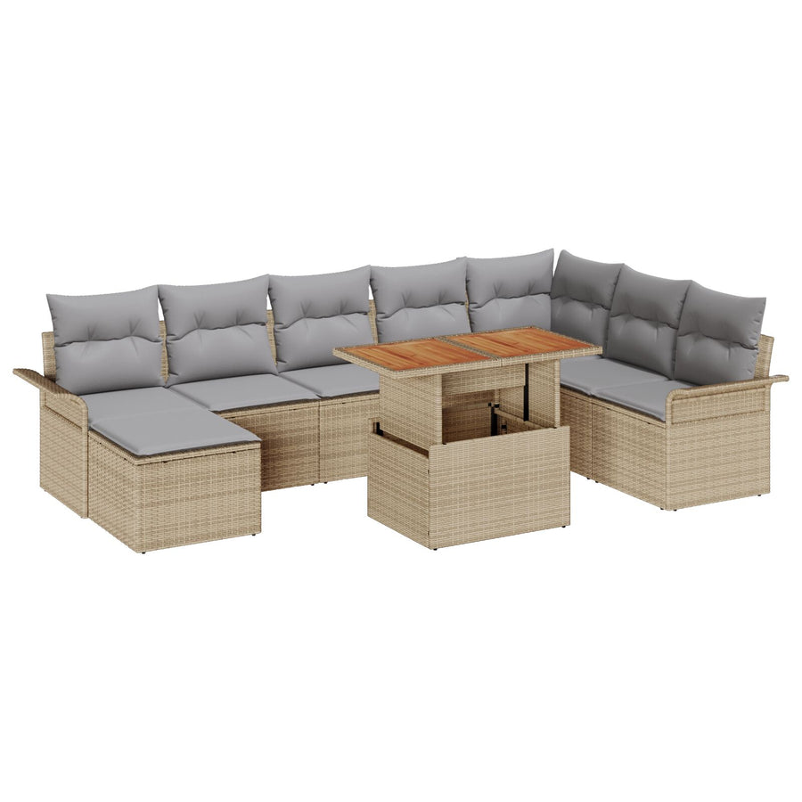 9-Delige Tuin Eetset Met Kussens Beige Poly Rattan Acacia