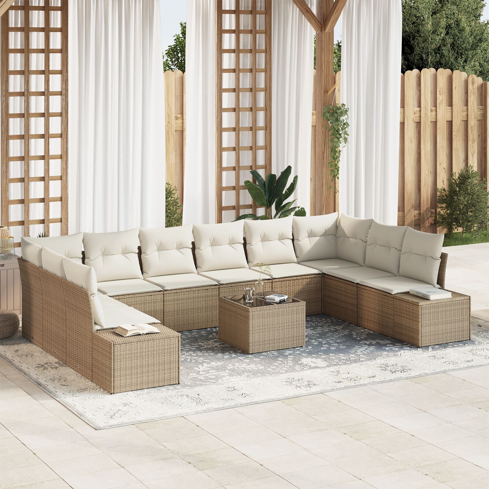 11-Delige Tuin Sofa Set Met Kussens Bruin Poly Rattan Beige en crème met tafel
