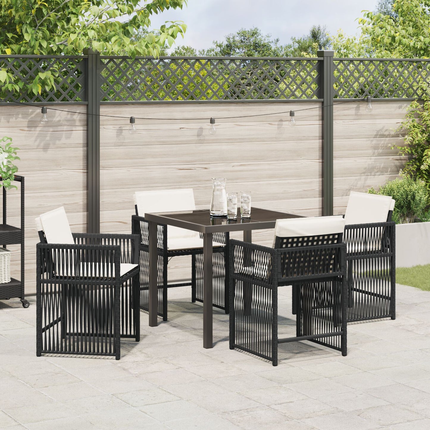 5-Delige Tuin Eettafel Set Met Kussens Zwart Poly Rattan