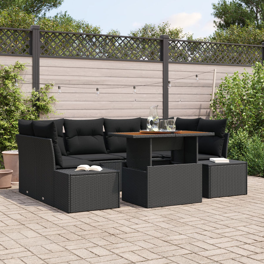 7-Delige Tuin Sofaset Met Kussens Zwart Poly Rattan