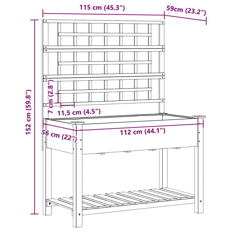 Tuinbak Met Trellis En Plank 115X59X152 Cm Massief Hout Vuren 115 x 60,5 x 153 cm