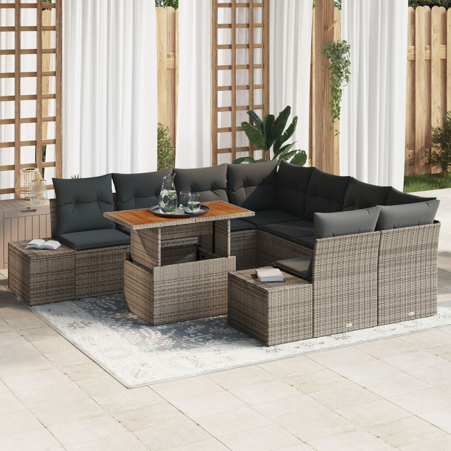 9-Delige Tuinbank Set Met Kussens Grijs Poly Rattan