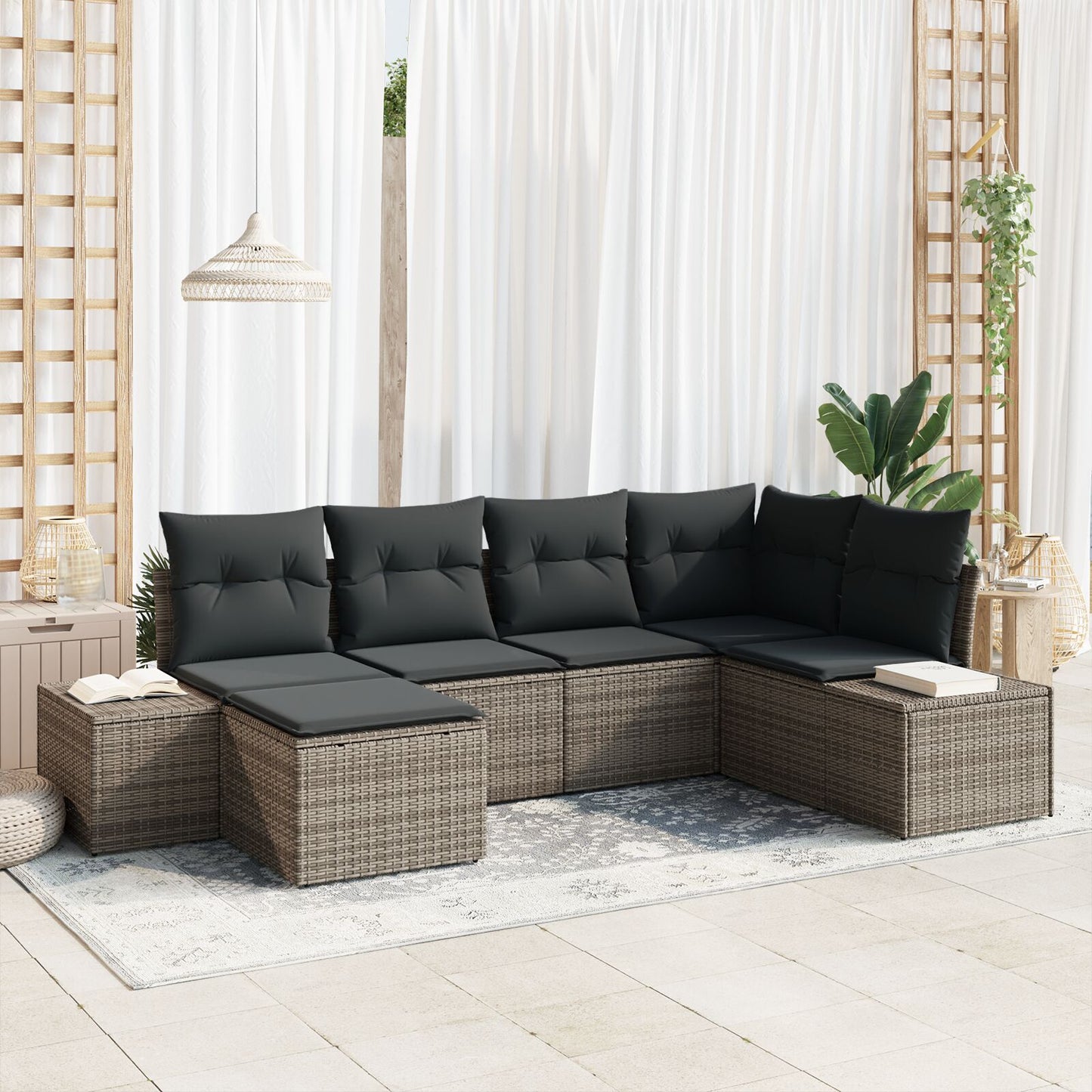 6-Delige Tuincouchset Met Kussens Grijs Poly Rattan
