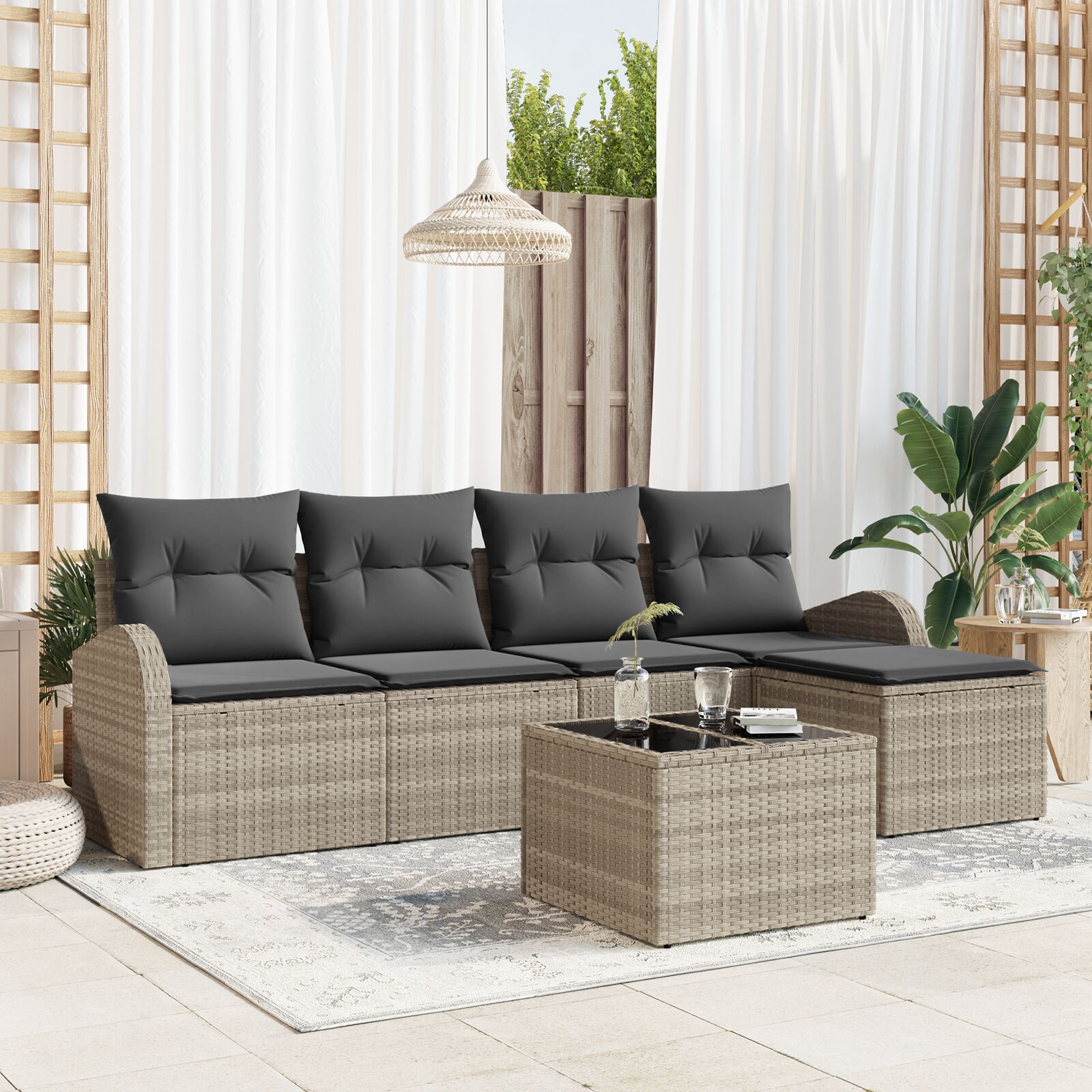 6-Delige Tuinbankset Met Kussens Grijs Poly Rattan