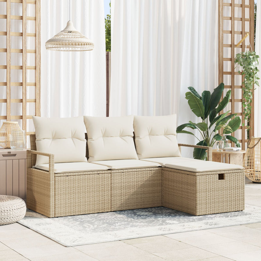 4-Delige Tuin Sofa Set Met Kussens Beige Poly Riet,  2-Zits Tuin Sofa Met Kussens Beige Poly Riet