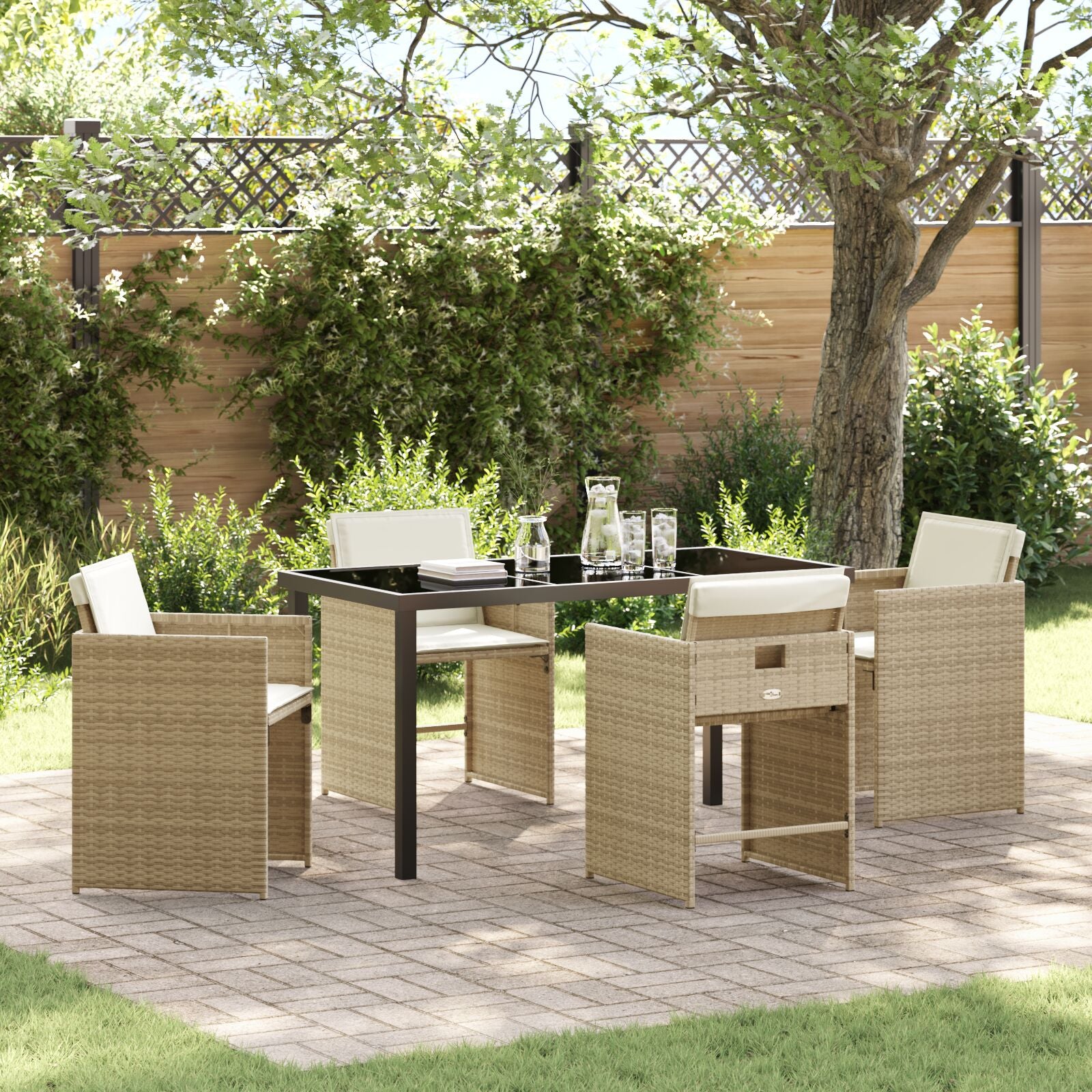 5-Delig Tuin Eet Set Met Kussens Beige Poly Rattan
