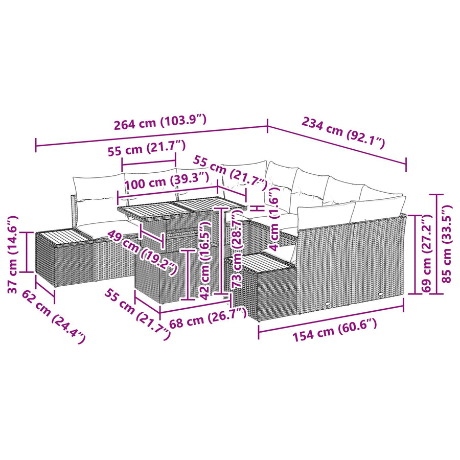 Tuinsalonset Set Van 9 Beige En Grijs Poly Rattan, Polyester
